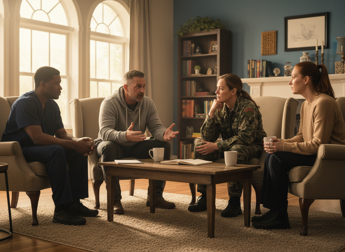 Small group of first responders and a counselor talking in a cozy living room setting, representing peer support, mental health counseling, and wellness coaching from Badges and Breakthroughs.