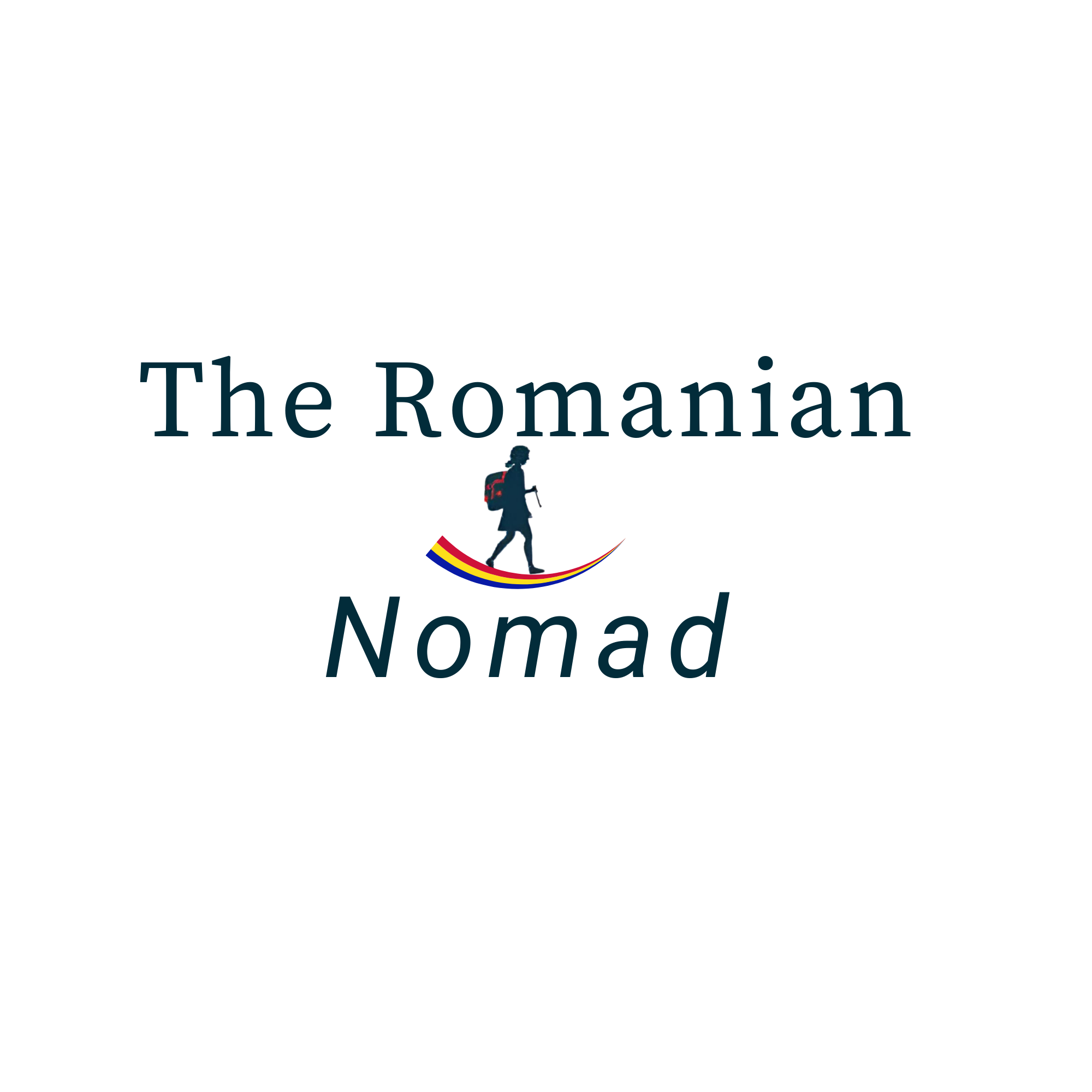 The Romanian Nomad logo featuring a walking traveler above a Romanian tricolor arc