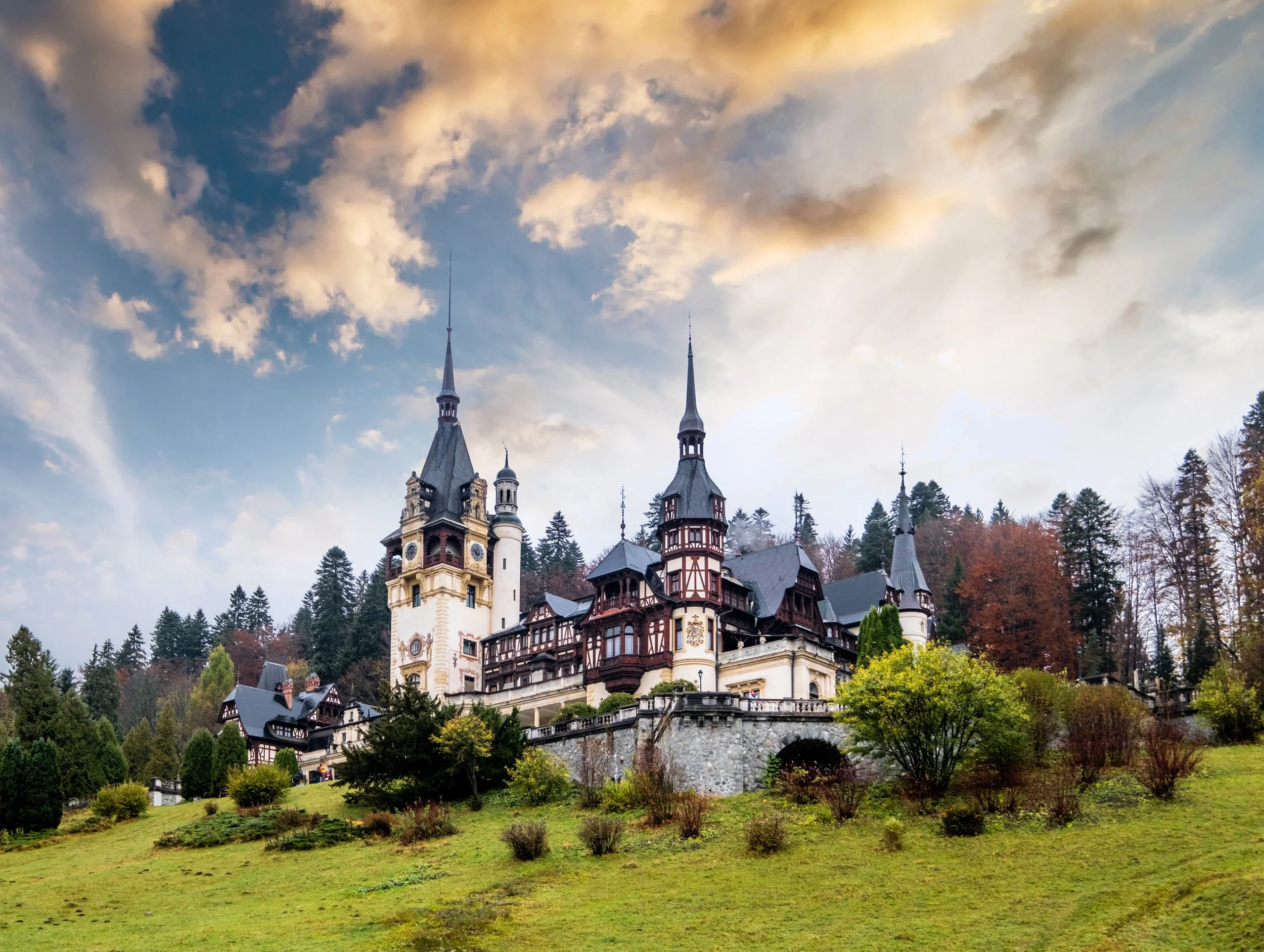 Historic Peleș Castle in Sinaia, Romania, a Neo-Renaissance royal palace in the Carpathian Mountains of Transylvania.