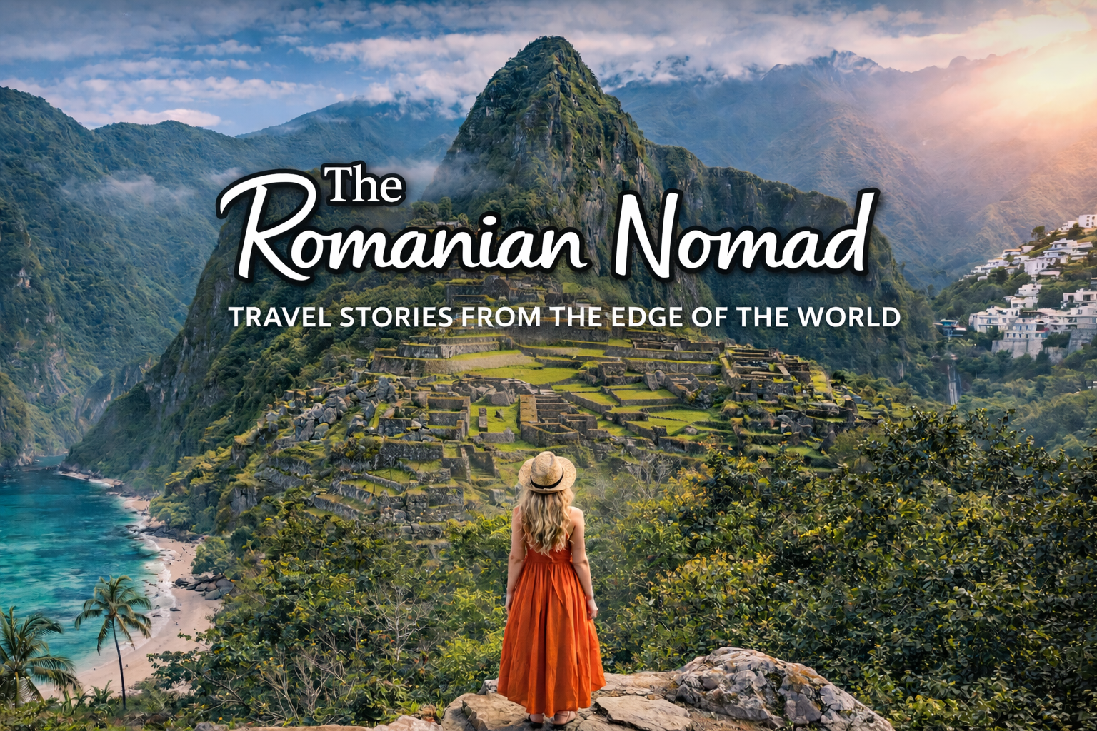 Hero banner for The Romanian Nomad travel blog showing a blonde traveler in an orange dress overlooking Machu Picchu in Peru, with the title “The Romanian Nomad – Travel Stories From the Edge of the World” over dramatic mountain landscapes.