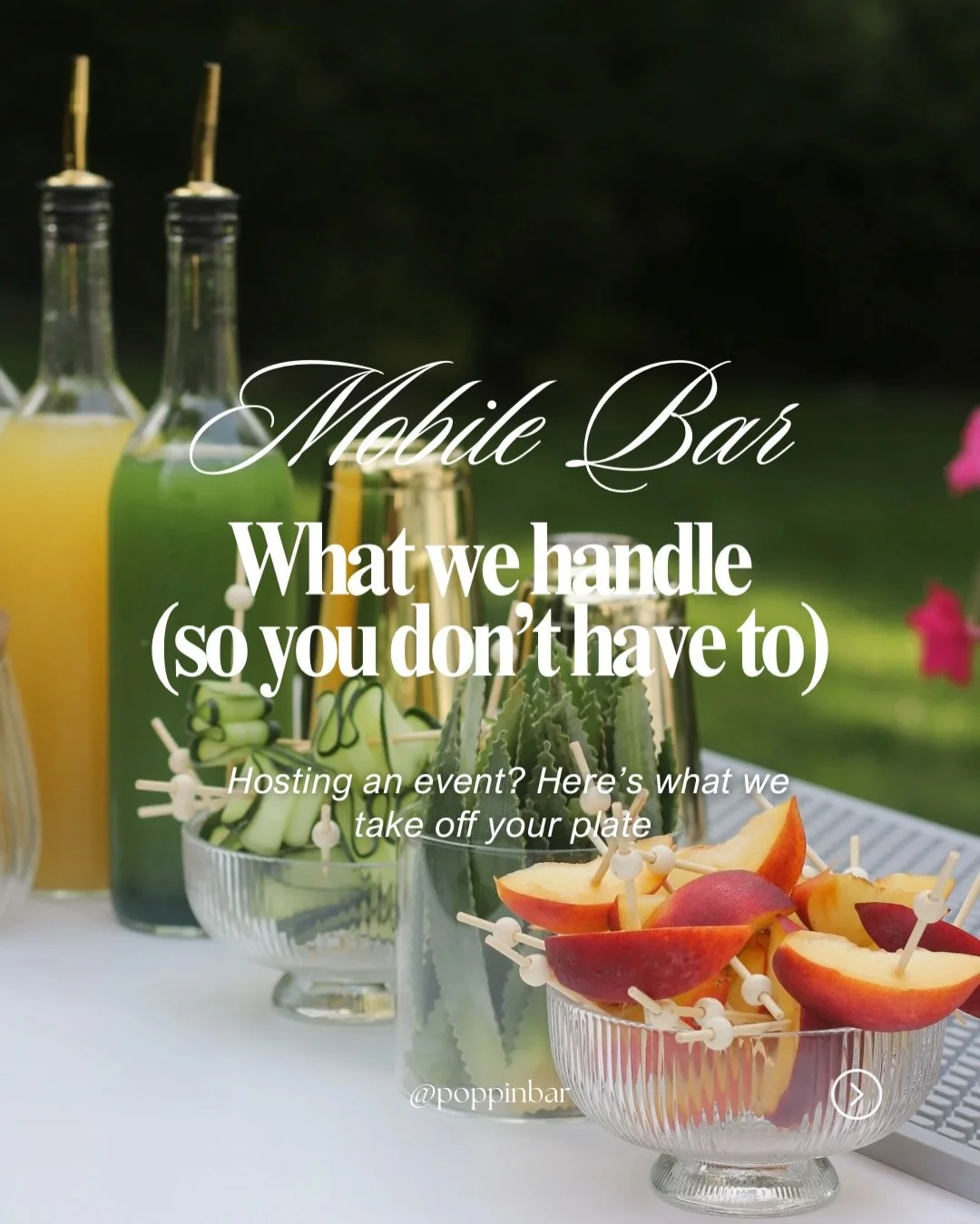 When you book our mobile bar, you&rsquo;re not just getting drinks &mdash; you&rsquo;re getting peace of mind 🍾

From setup to clean-up, we handle every bar detail so you can actually enjoy your own celebration 🥂
No last-minute runs, no missing sup