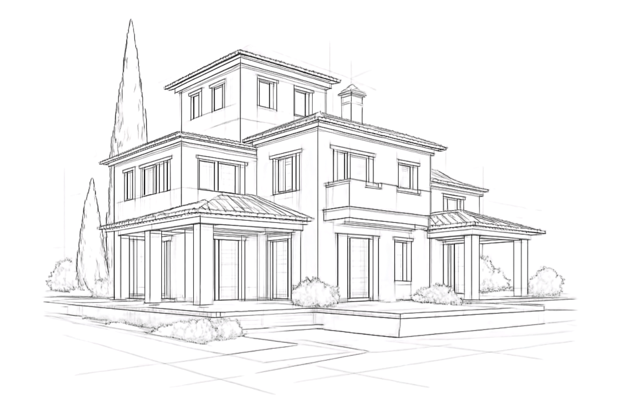 Line drawing of a large, multi-story house with a steep roof, multiple balconies, and a front porch.