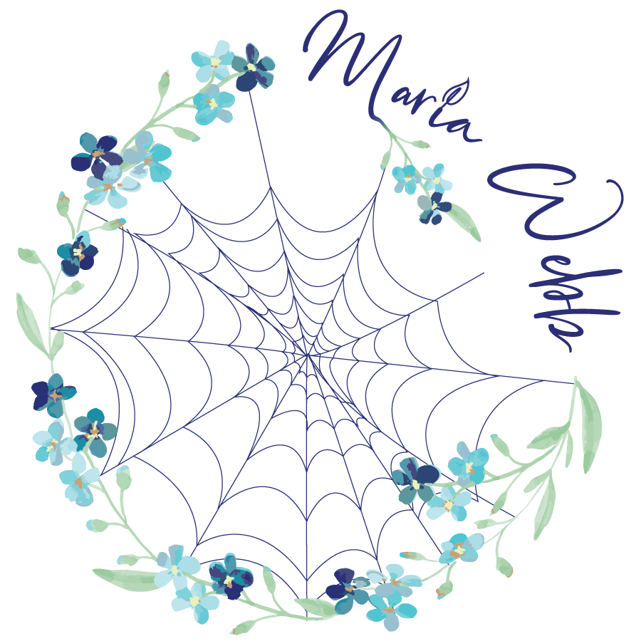 A decorative design featuring a blue spider web surrounded by blue flowers and green leaves, with the text 'Marla W' in a cursive font.