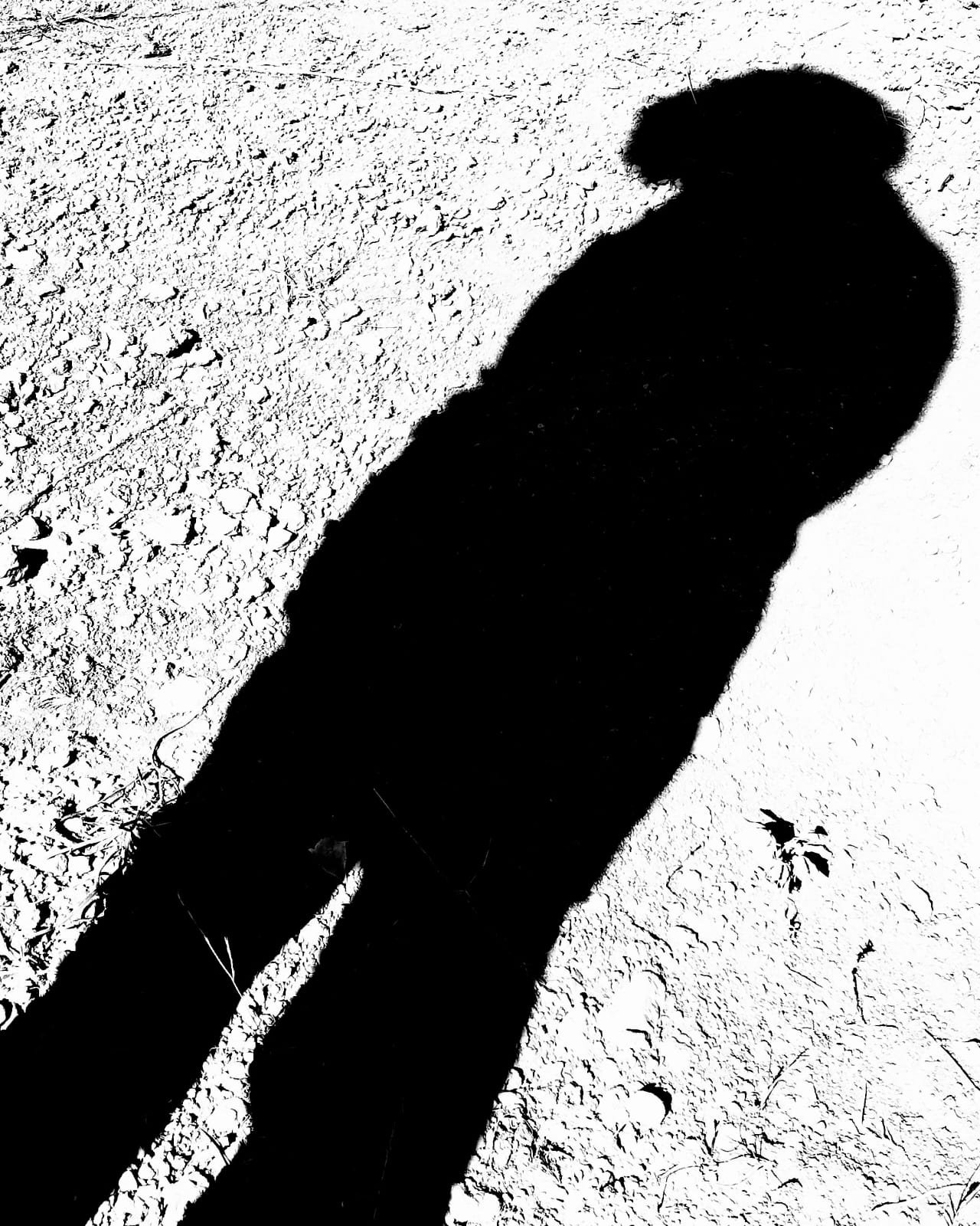 L'ombre d'une personne sur un sol sec et craquelé.