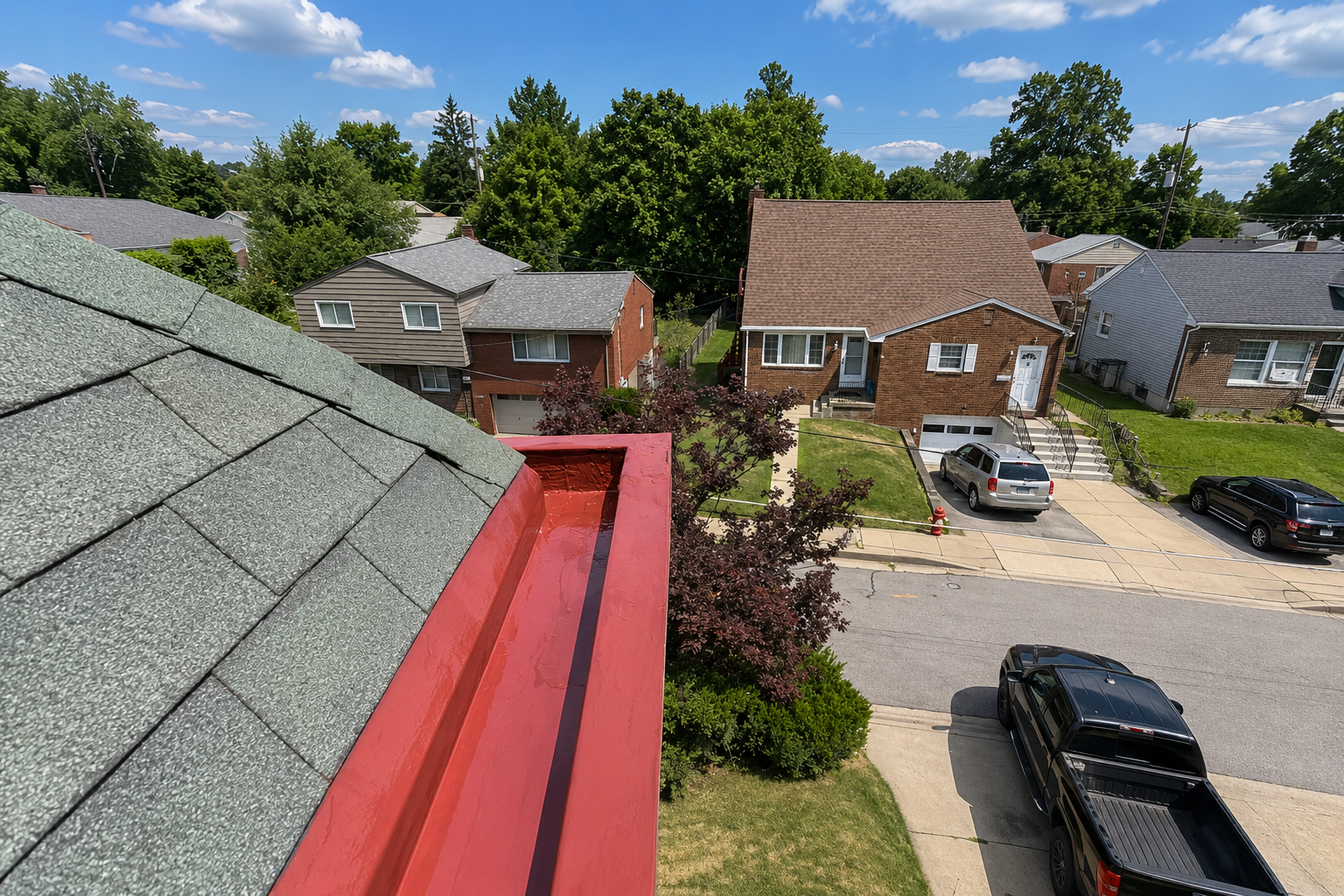 Newly repaired box gutter with fresh coating on a Pittsburgh home roofline