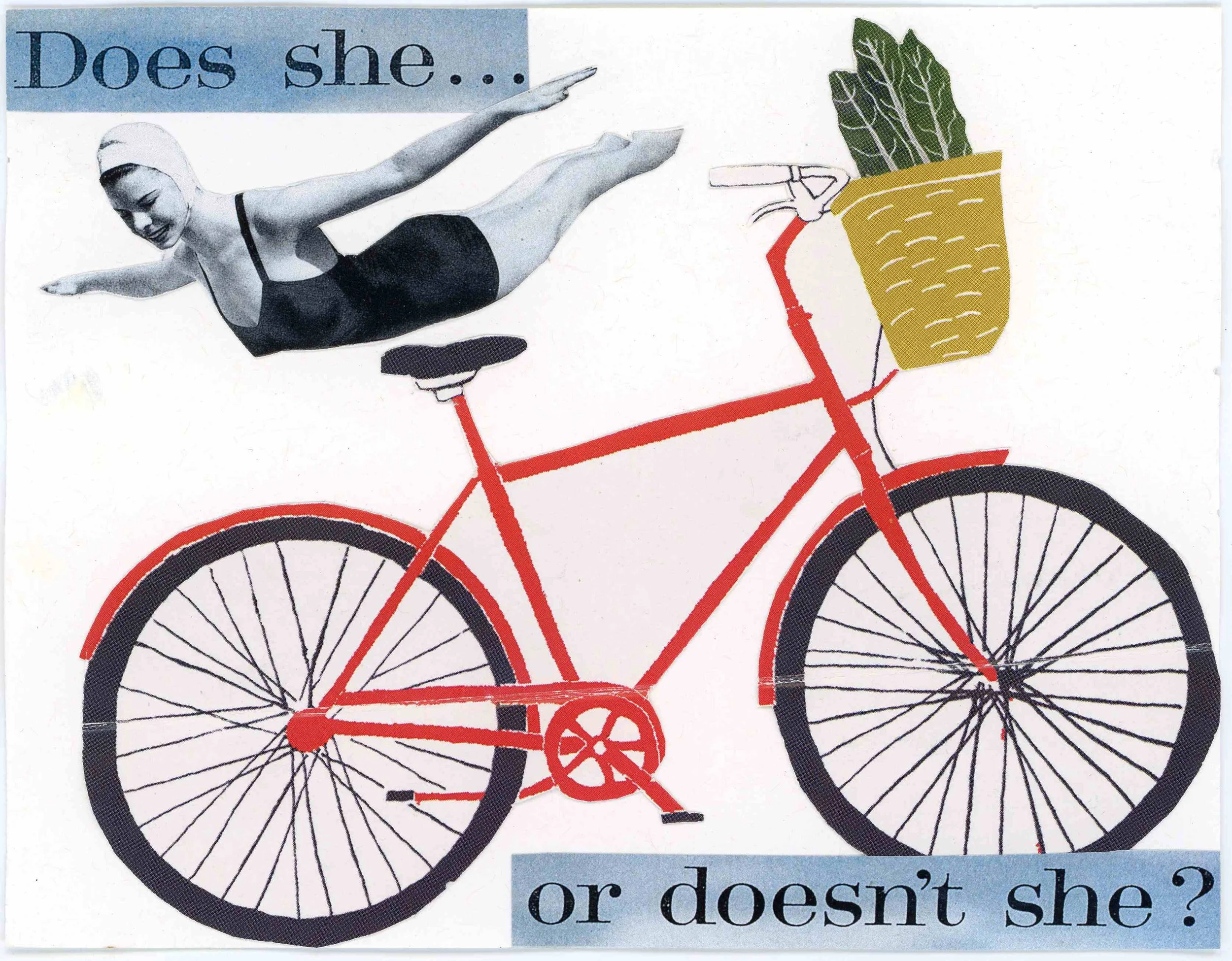 A collage of a vintage-style illustration of a red bicycle with a basket and a black-and-white photograph of a woman in a swimsuit and swim cap, positioned as if she is flying above the bicycle, with the text 'Does she... or doesn't she?' and a light