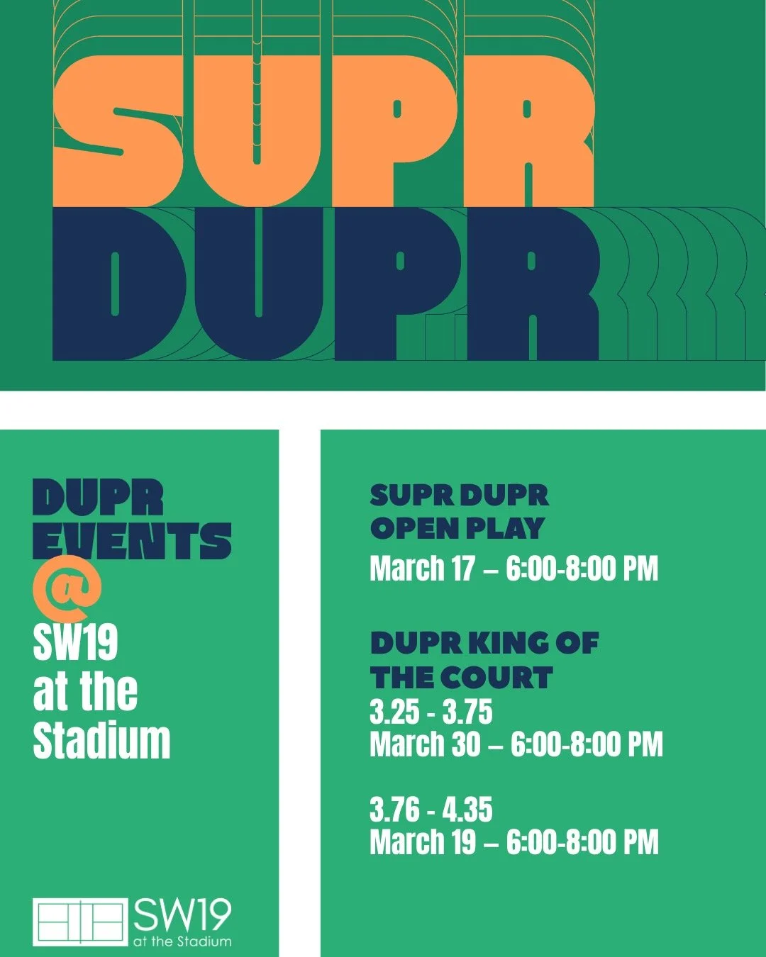 Time to level 🆙 Don't miss our DUPR events coming this month!

March 17 - SUPR DUPR Open Play is perfect for anyone new to using DUPR!
March 19 &amp; 30 - DUPR King of the Court for defined rankings

Sign up and learn more at sw19kc.com