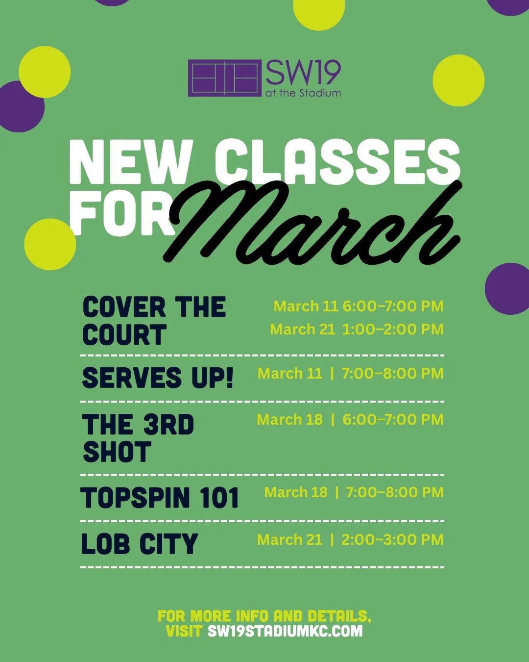 Ready to hit the court? Our March classes are here! 
Sign up for our one hour sessions to grow your game ✍️
Find more info about the right sessions for you today!