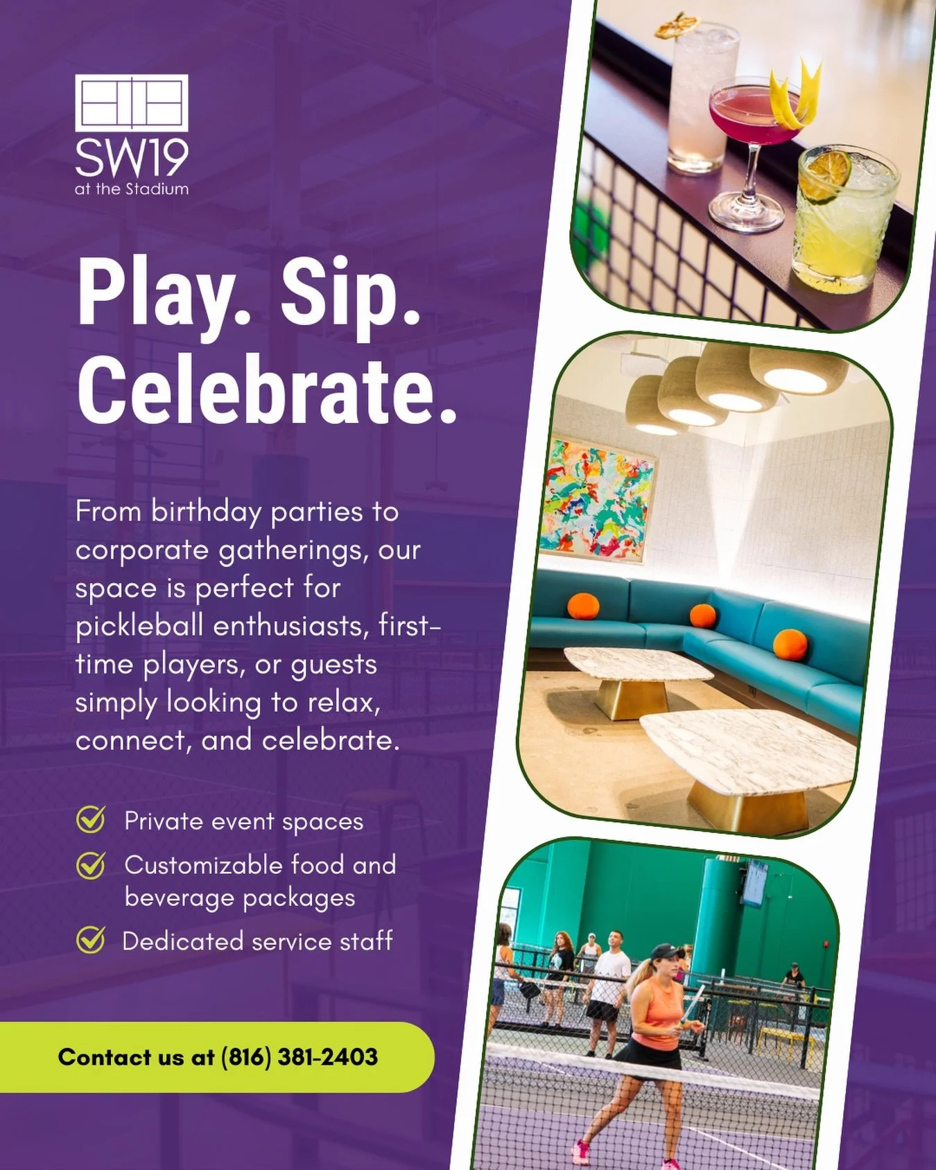 Where pickleball meets great food, drinks, and unforgettable vibes 🙌

SW19 at the Stadium is your go-to destination for events that bring everyone together&mdash;whether you&rsquo;re celebrating a birthday, hosting a corporate outing, or planning so