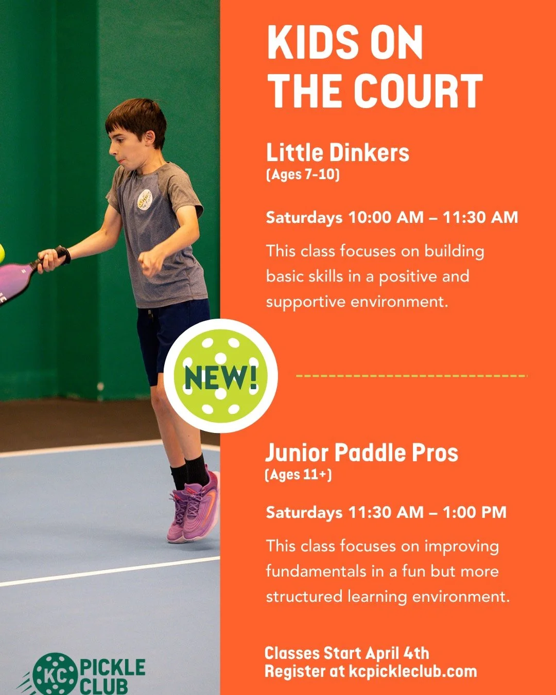 New youth classes coming 🔜

This is your sign to get your future pickleballers ready to ball!

Registration is open for Little Dinkers and Junior Paddle Pros now, kicking off April 4!