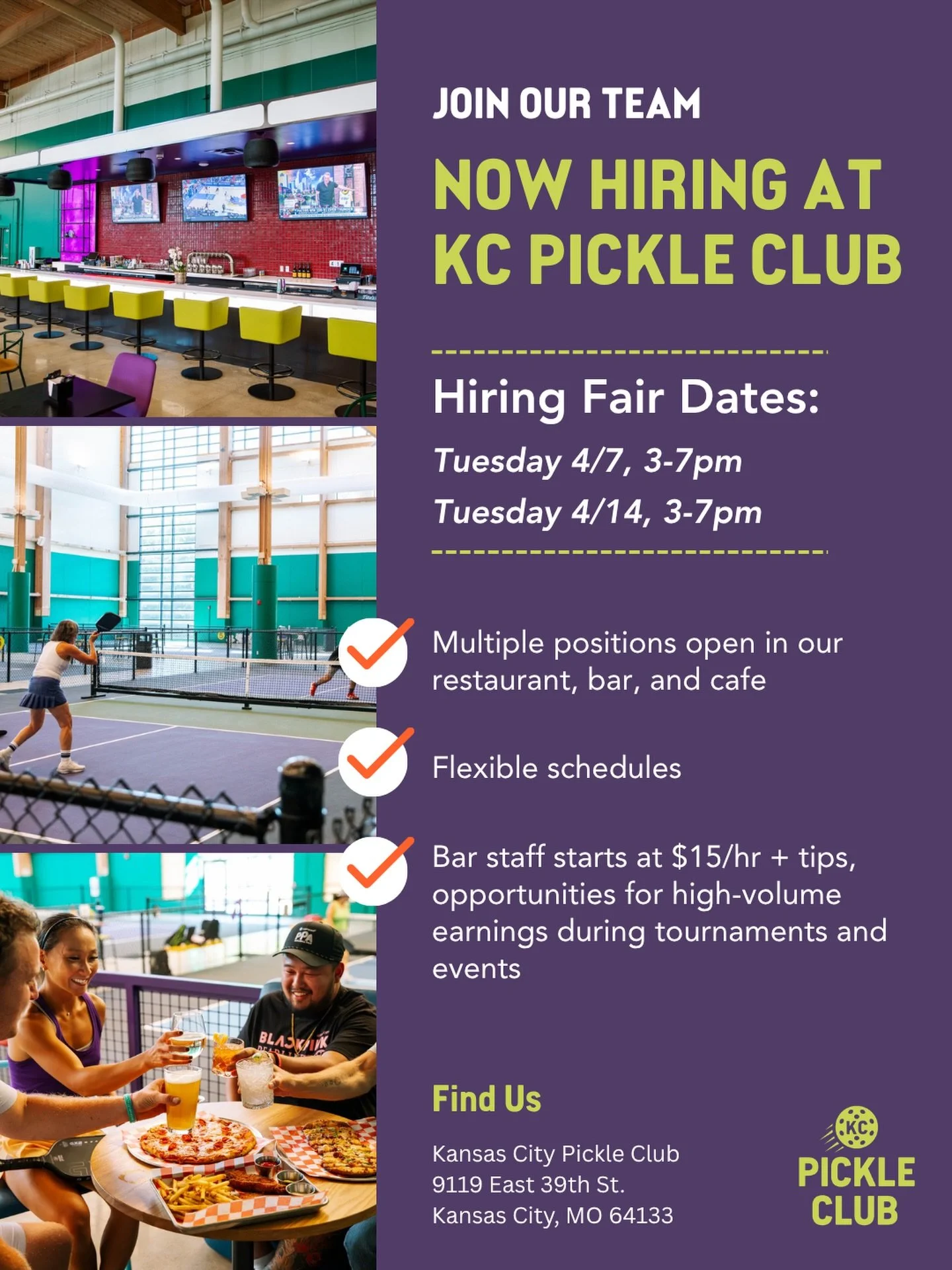 Now hiring at KC Pickle Club

We&rsquo;re building an all-star team across our restaurant, bar, and caf&eacute;&mdash;and we&rsquo;d love to meet you.

Hiring Fair Dates:
Tuesday 4/7, 3&ndash;7pm
Tuesday 4/14, 3&ndash;7pm

&bull; Multiple positions o