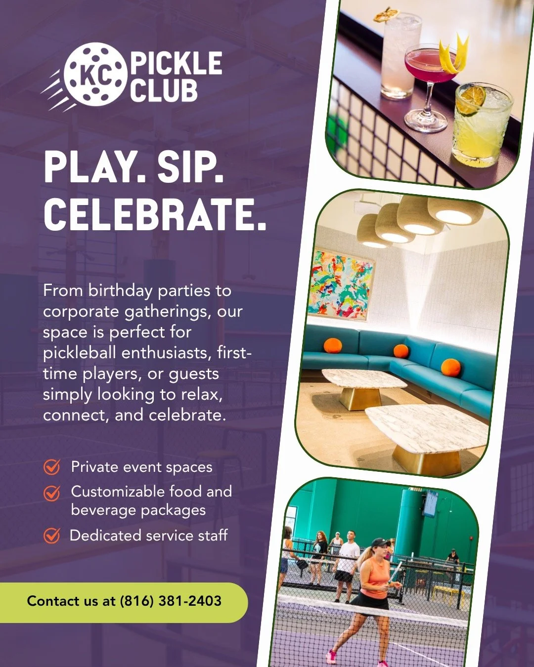 What's better than a pickleball party?! 

Kansas City Pickle Club's space is designed for everyone from seasoned pickleball players to first-timers, and anyone who wants to kick back! 

Start planning with us today!