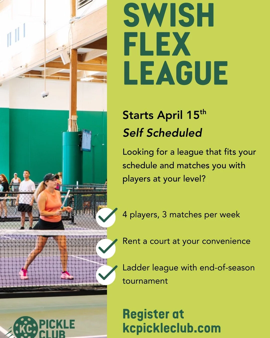Ready for a pickleball league around your schedule and your skill level?

Then Swish Flex League is for you!

Learn more and register today ✍️