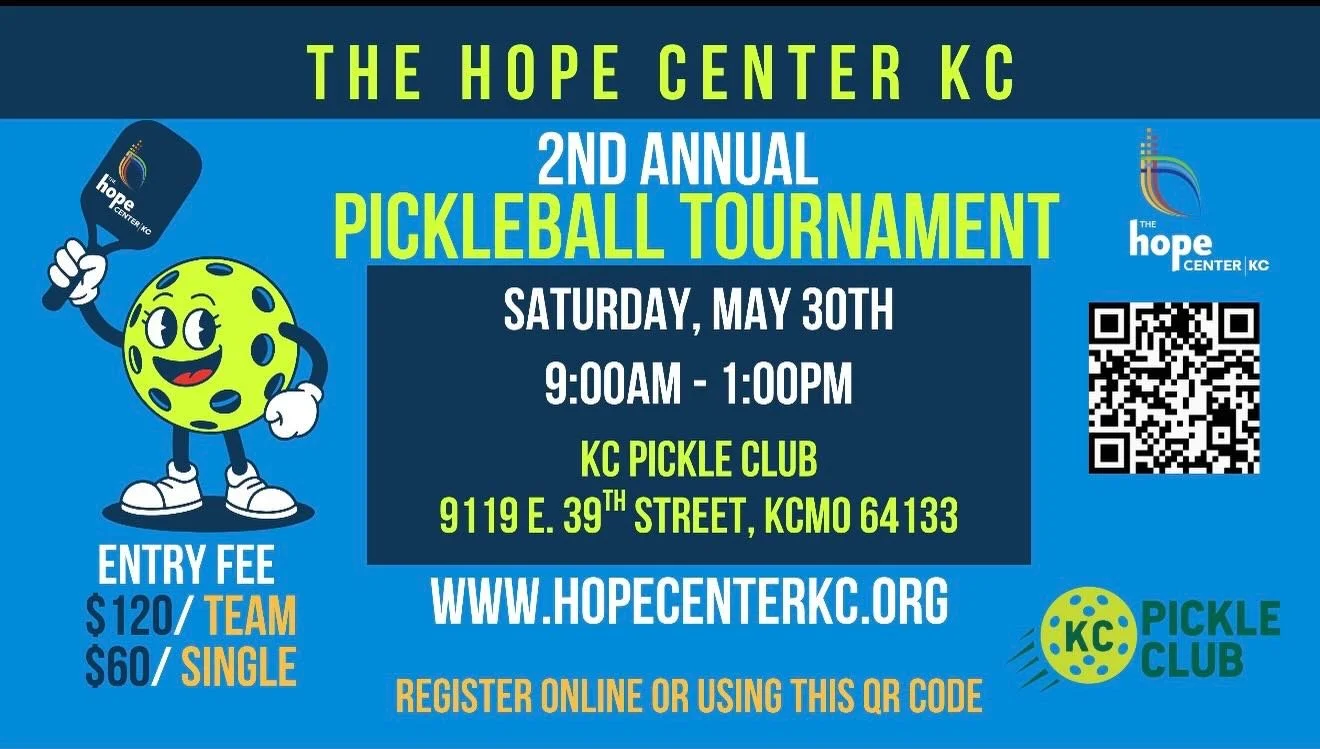 Head to KC Pickle Club on May 30th and help support Hope Center KC - scan the QR code for pickle ball fun.