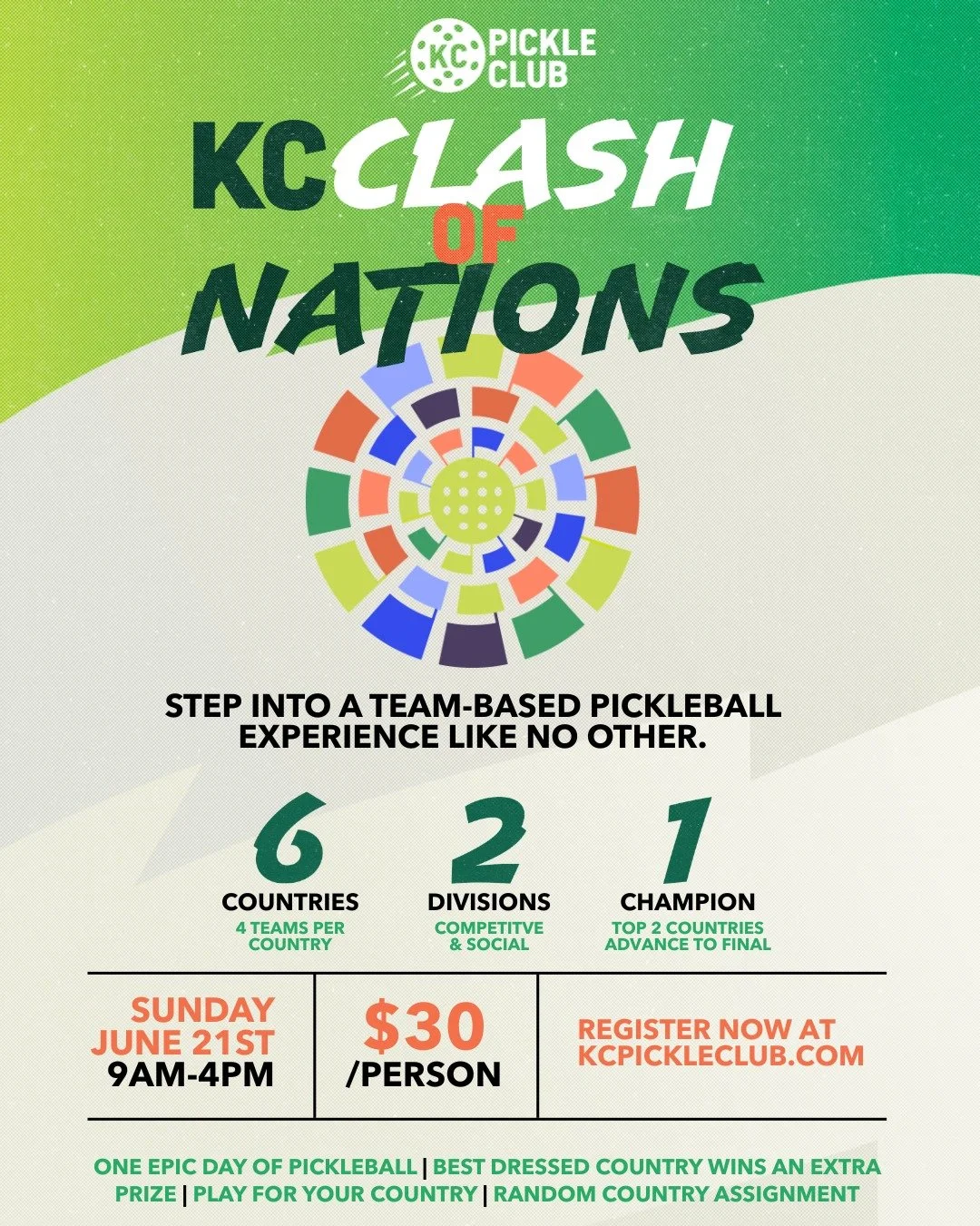 There&rsquo;s still time to register for KC Clash of Nations. 👀⚽🔥

Grab a partner, represent a country, and compete for national bragging rights in this team-based pickleball tournament. Each country is made up of 4 teams (2 competitive + 2 social)