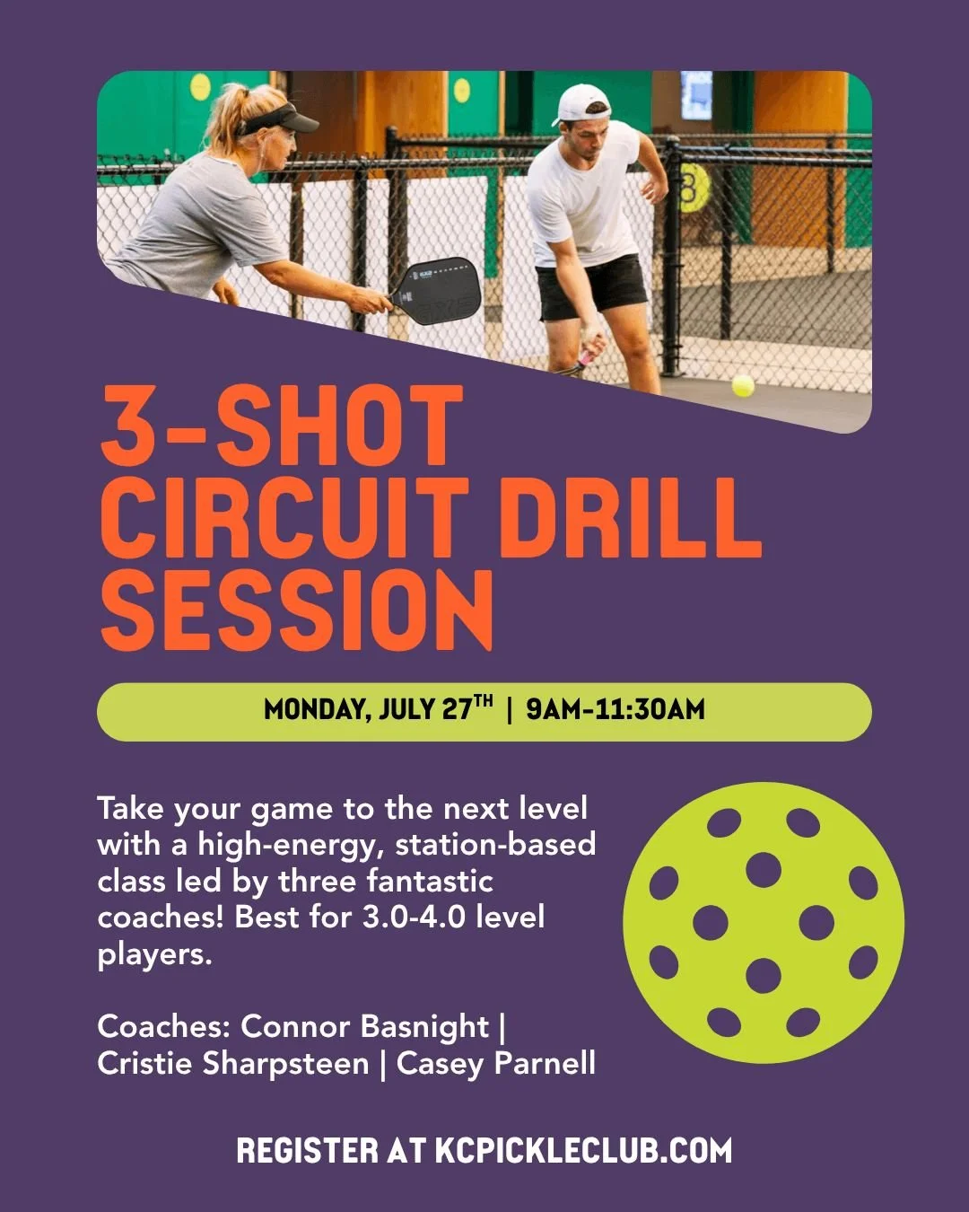 Ready to level up your game? Our 3 Shot Circuit is a high-energy, station-based class designed for players in the 3.0&ndash;4.0 range. Rotate through three coaches, get personalized instruction in small groups, then put your new skills to the test wi
