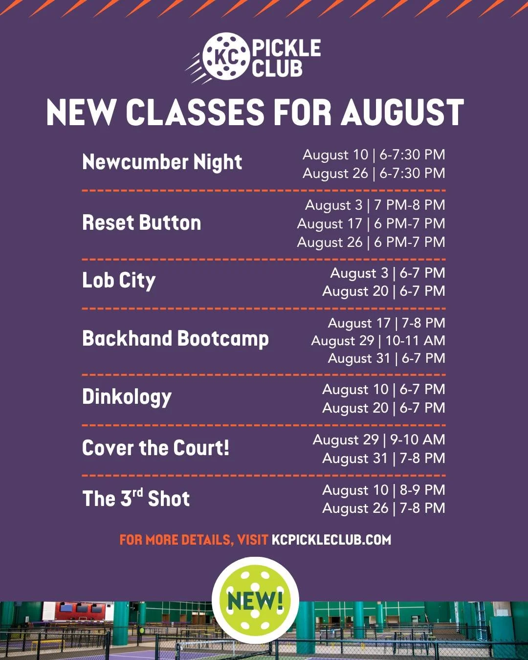 Our August classes and clinics are now open for registration! Whether you're picking up a paddle for the first time or looking to refine your skills, we've got a session that's right for you. Learn from experienced coaches, meet new players, and keep