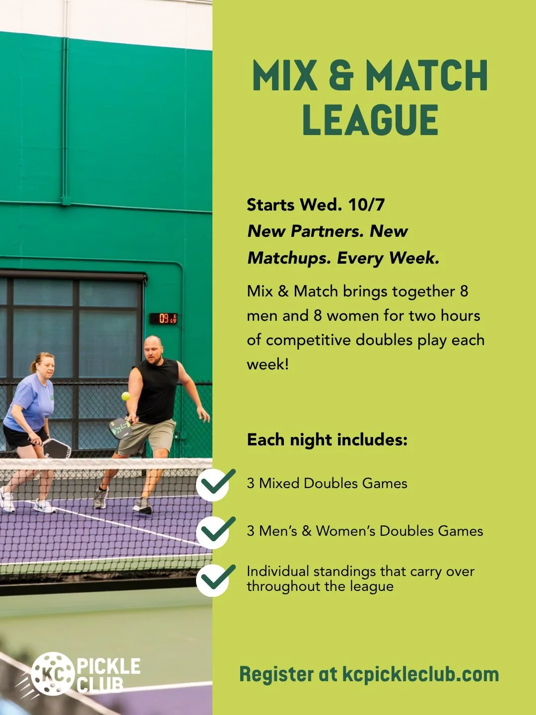New Partners. New Matchups. Every Week. 🏓

Mix &amp; Match League is coming this October! Each week, you'll compete in both Mixed Doubles and Men's or Women's Doubles - with new partners and opponents along the way. Your results stay with you, not y
