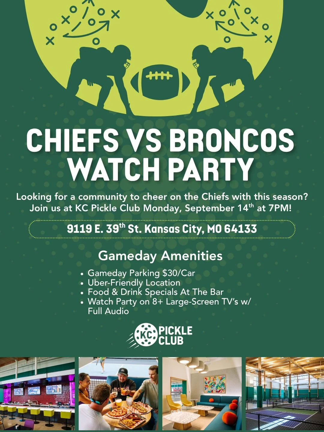 Start AND End Game Day at KC Pickle Club 🏈

Headed to the Chiefs game? Start with us for pre-game food, drinks, and tailgating before heading to the stadium.

🚗 Game-day parking available for $30
🍔 Food + drink specials
🚕 Easy Uber pickup and dro