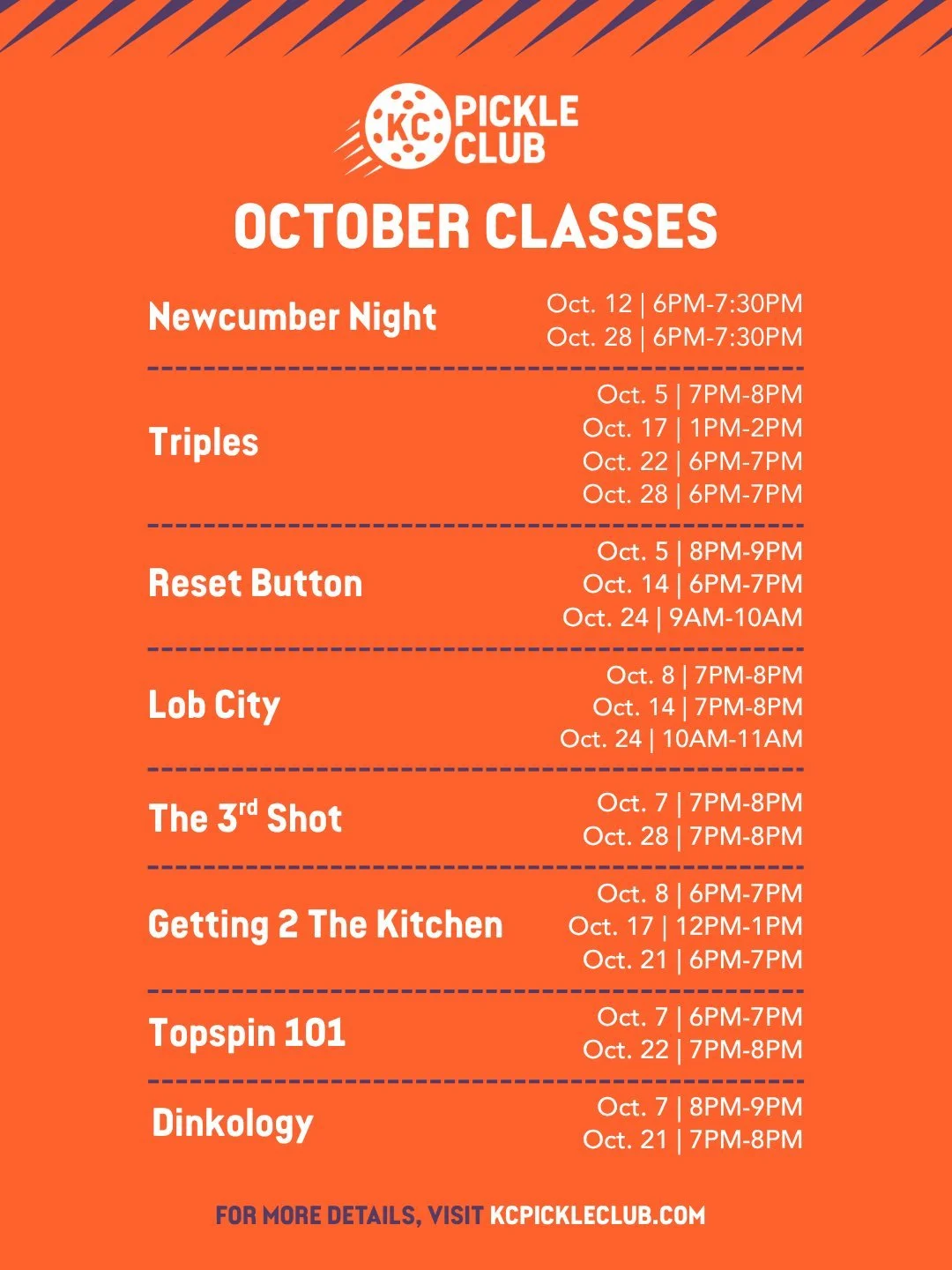 Level up your game this October! A new month means more opportunities to get on the court and get better. Our October classes are officially open! Check out the lineup and reserve your spot.