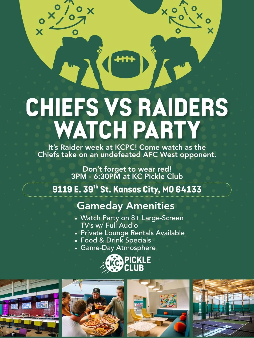 Sunday plans: Chiefs vs. Raiders. 🏈 Kickoff at 3:25 PM. Catch the game at KC Pickle Club.