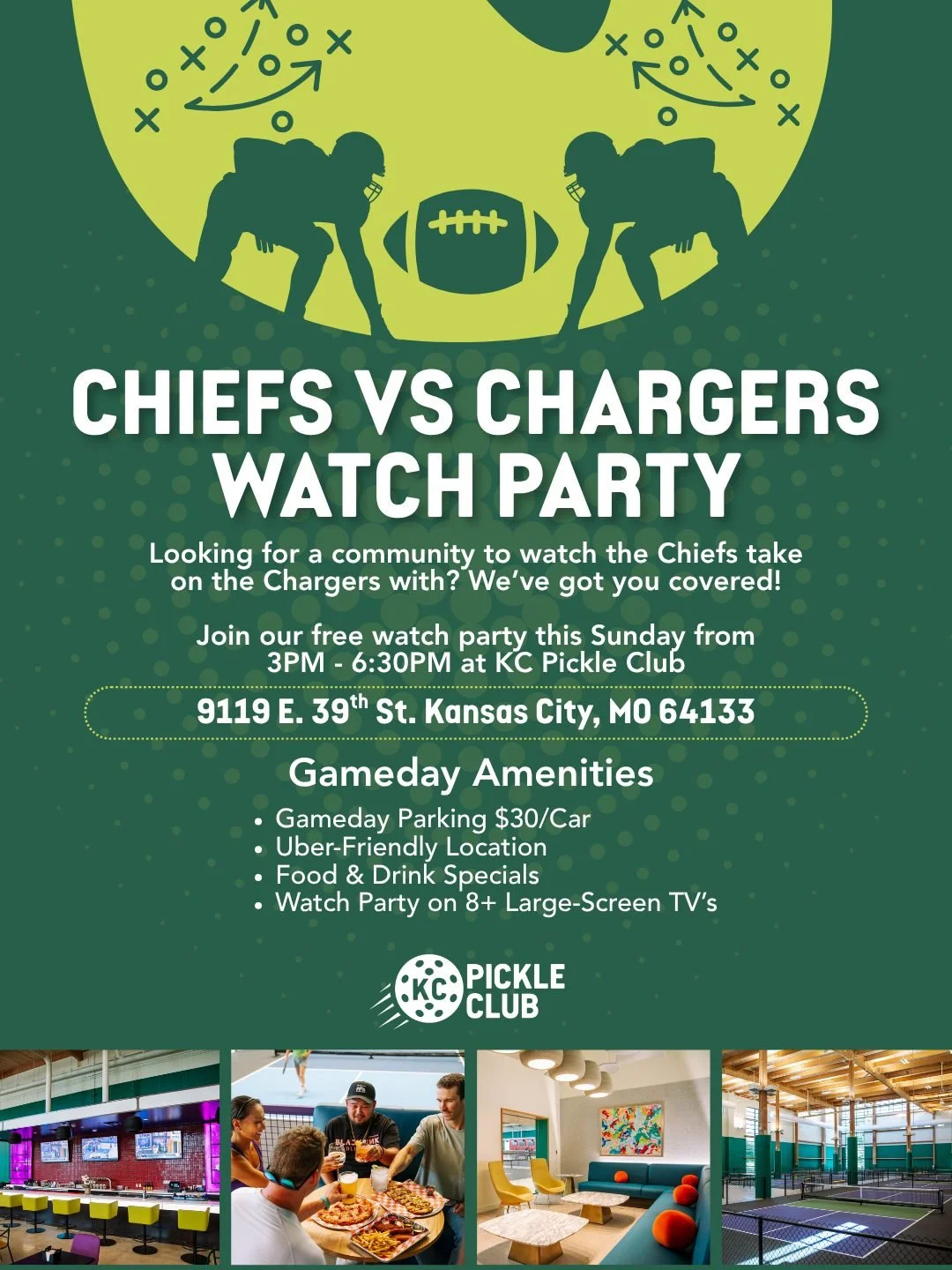 Chargers @ Chiefs 🏈 Game day plans, covered.

Headed to Arrowhead? Park at KC Pickle Club for $30, then grab an Uber to the stadium.

Watching the game with us at KCPC? We&rsquo;ll have a separate lot reserved for our guests, so you can park and sta