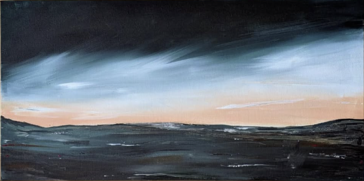 An abstract landscape painting of a sky with dark clouds and a horizon with a muted, earthy landscape.