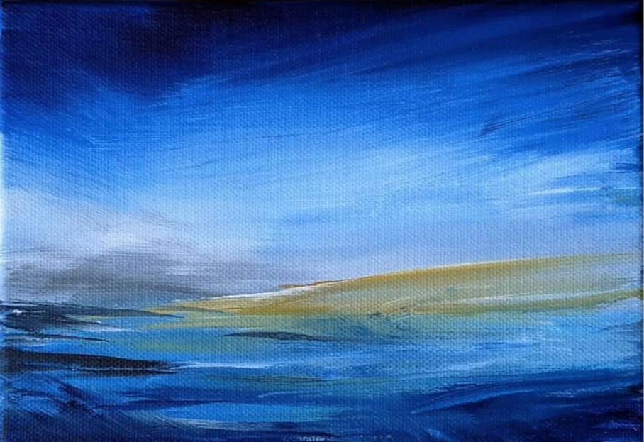 Abstract landscape painting depicting a blue sky, a land strip, and water in shades of blue and green.