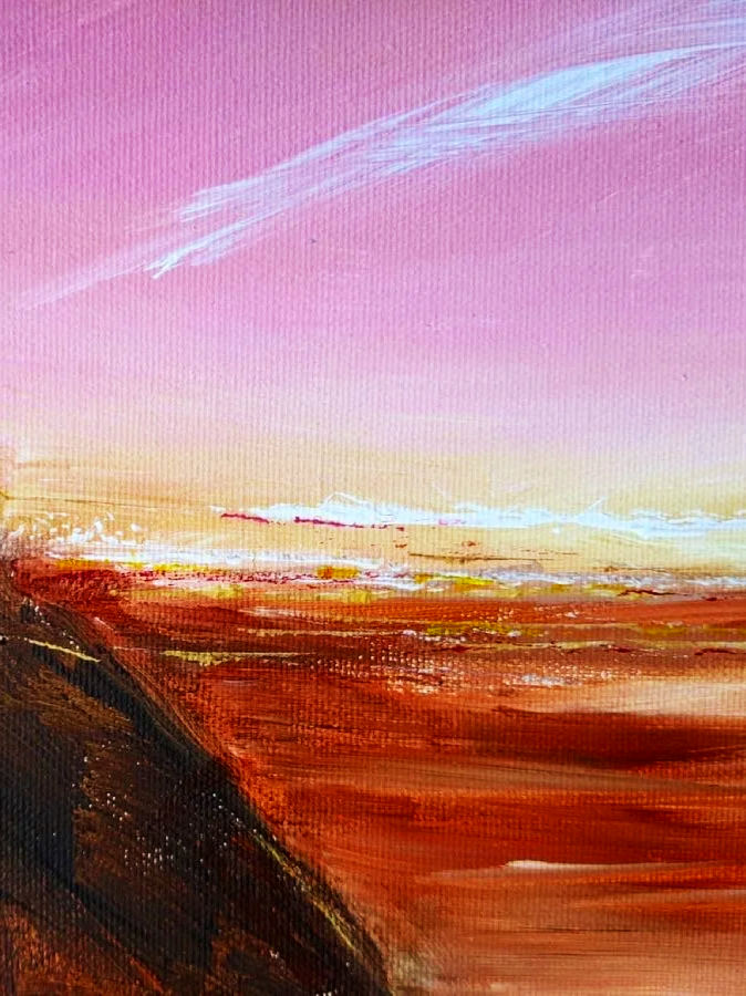 Painting of a sunset with pink, orange, and blue sky over a landscape with brown and black land and a dark hill.
