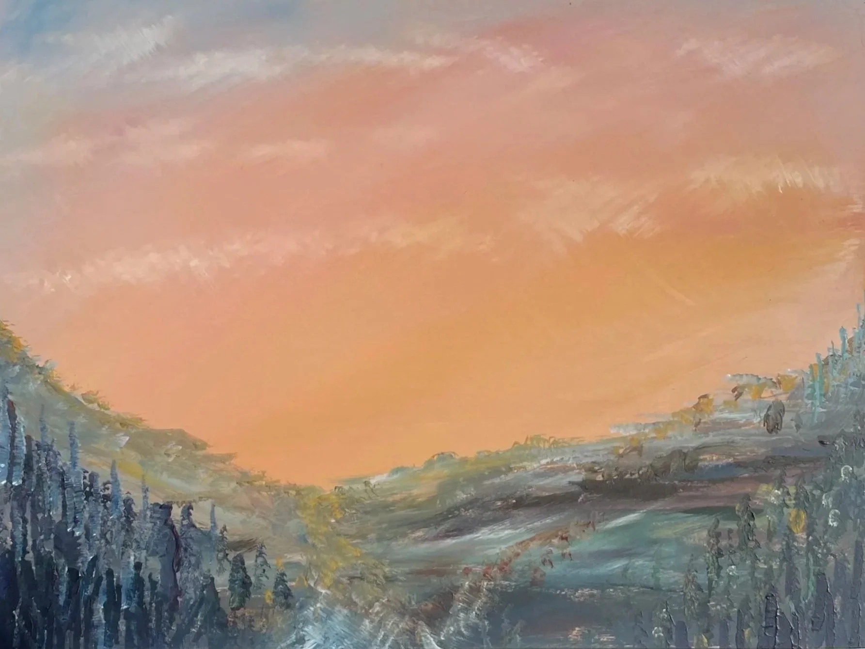 An abstract landscape painting of a sunset with a pink sky, trees, and hills painted in shades of blue and green.
