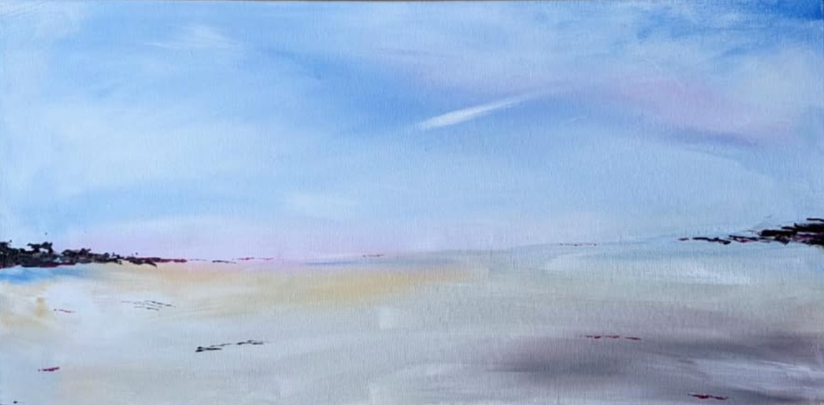 A watercolor painting of a calm beach scene with a clear blue sky, distant shorelines, and sandy beach in the foreground.