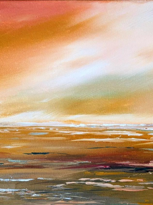 Abstract painting of a sunset over water with warm orange, yellow, and soft pastel colors.