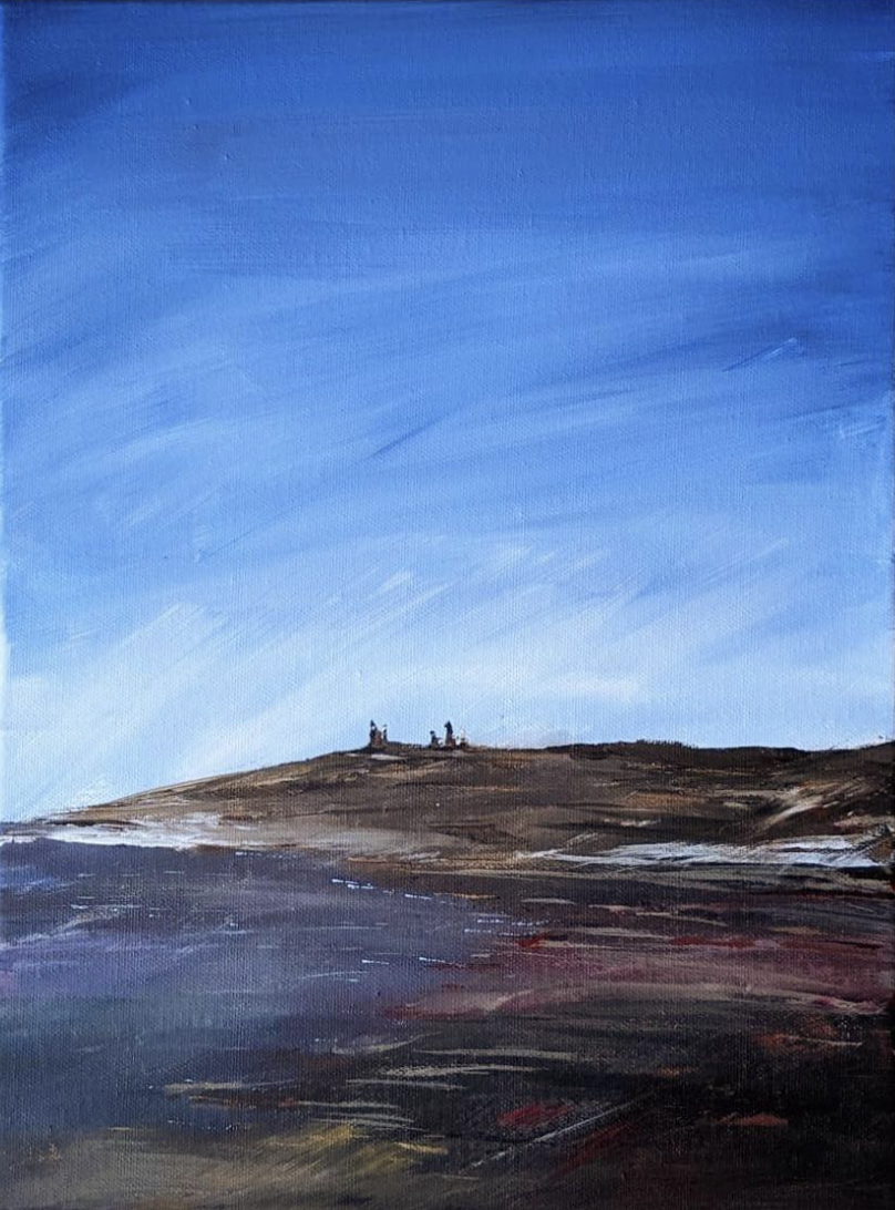 A painting of a landscape with a blue sky, a distant hill with small structures, and a body of water or land in the foreground.