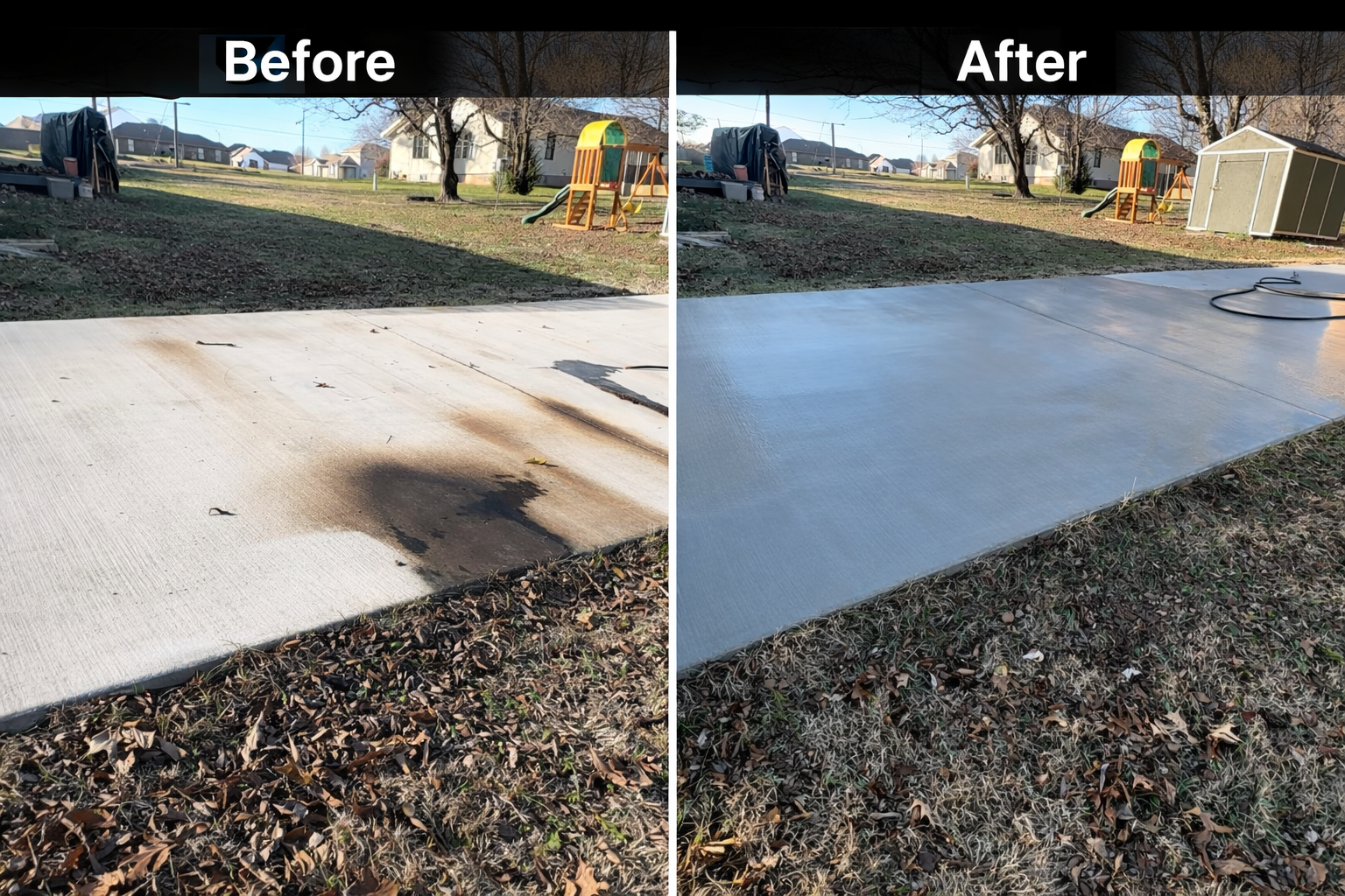 Comparison of a concrete patio before and after cleaning or sealing, showing a dirty stained surface on the 'Before' side and a clean, sealed surface on the 'After' side, with a backyard containing a playset, shed, and trees in the background.