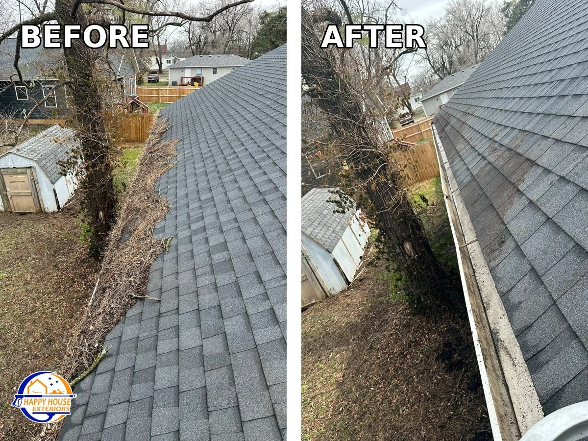 Comparison of a roof gutter area before and after cleaning, showing the removal of accumulated leaves and debris from the gutter.
