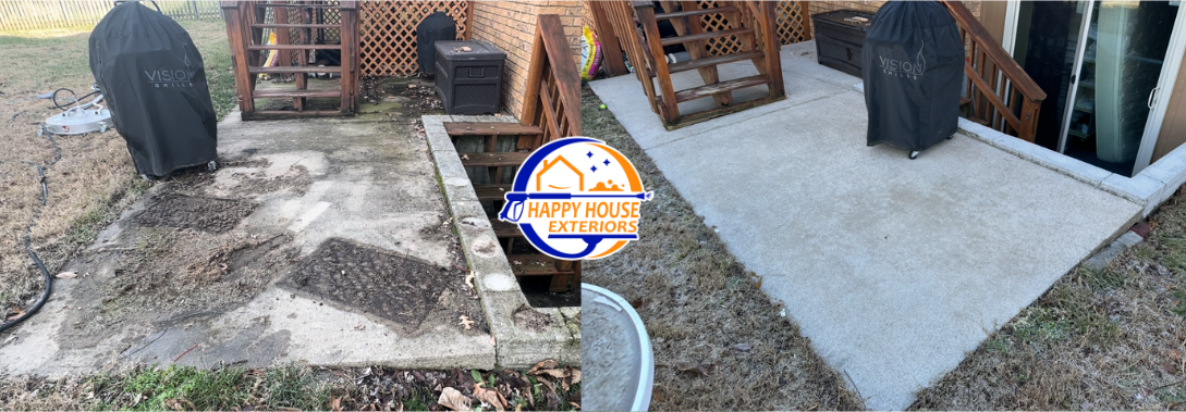 Comparison of a backyard patio before and after concrete repair and installation with a new light-colored concrete surface.