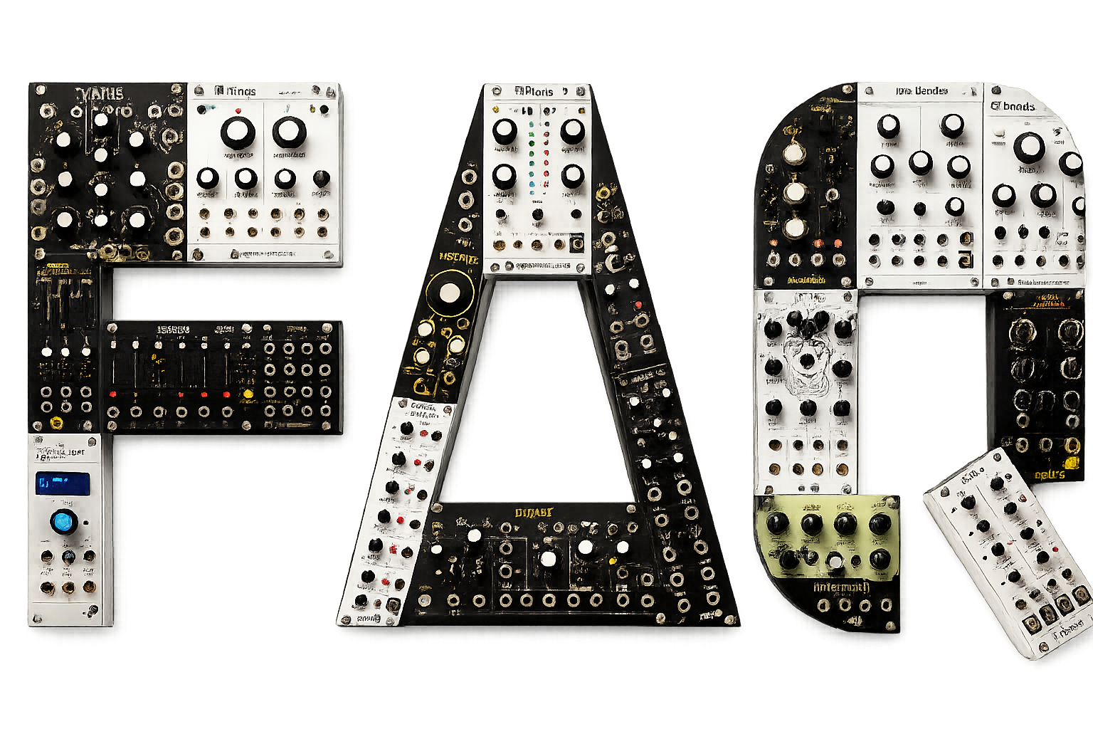 Letters spelling out 'FAQ" made from assorted modular synthesizer components on a wall.