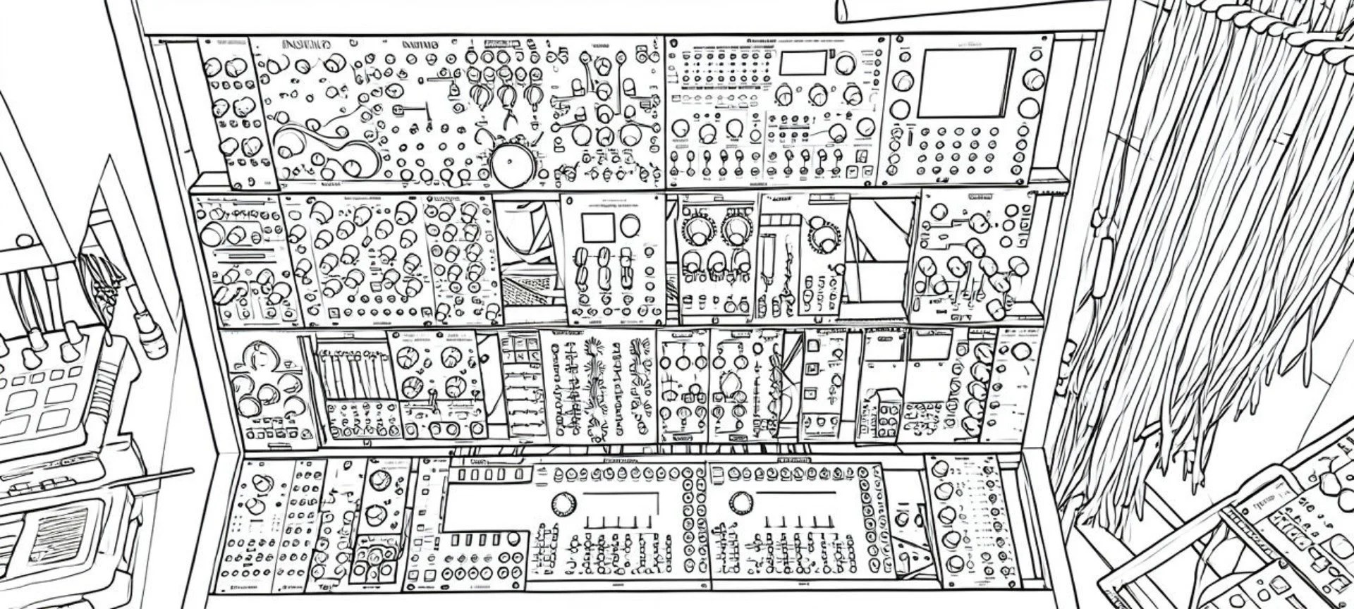 Black and white line drawing of an electronic music studio setup, featuring various synthesizers, mixers, and audio equipment.