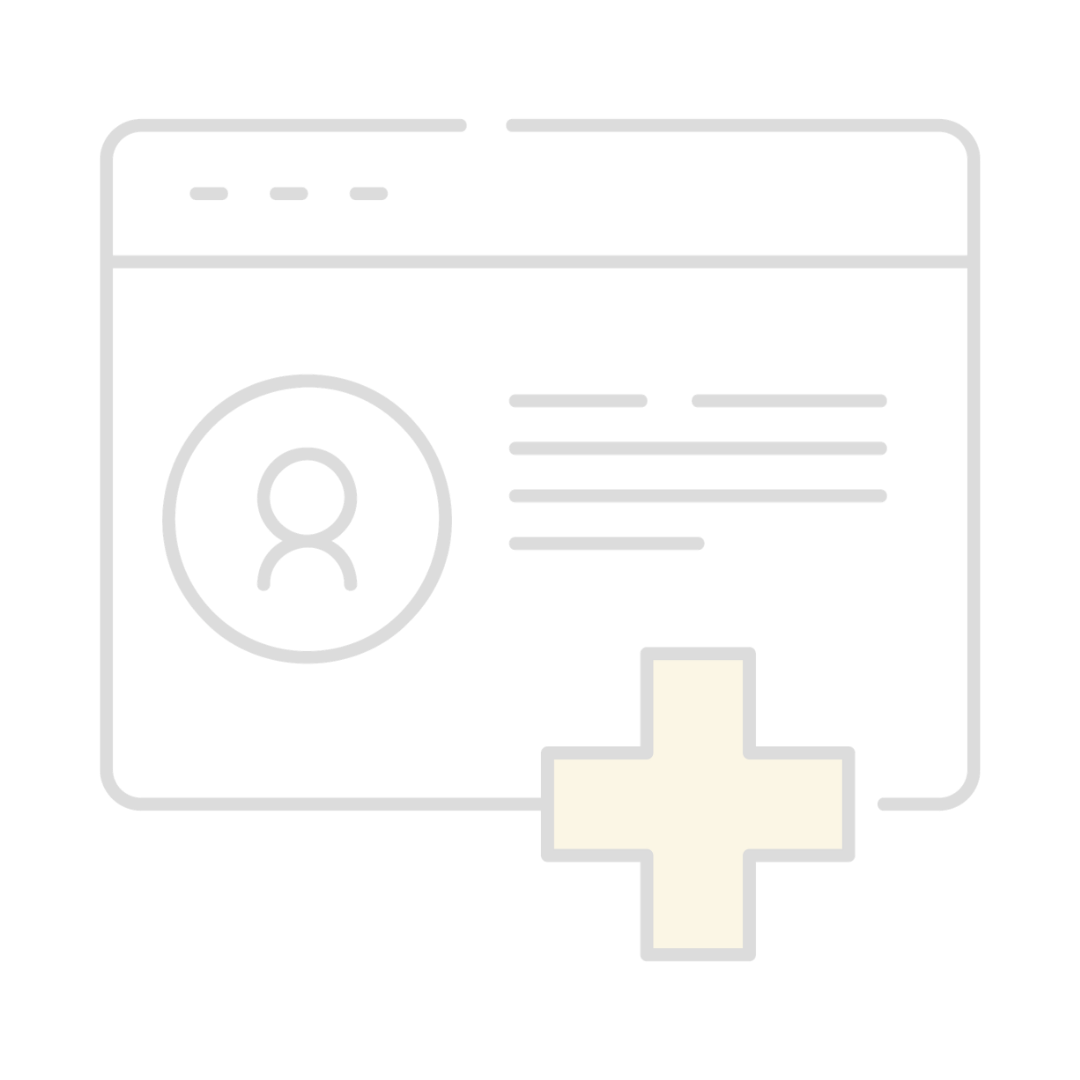 Outline of a medical or health-related webpage with a user profile icon, text lines, and a plus sign.
