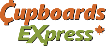 Logo of Cupboards Express with orange and green text and a small Canadian maple leaf.