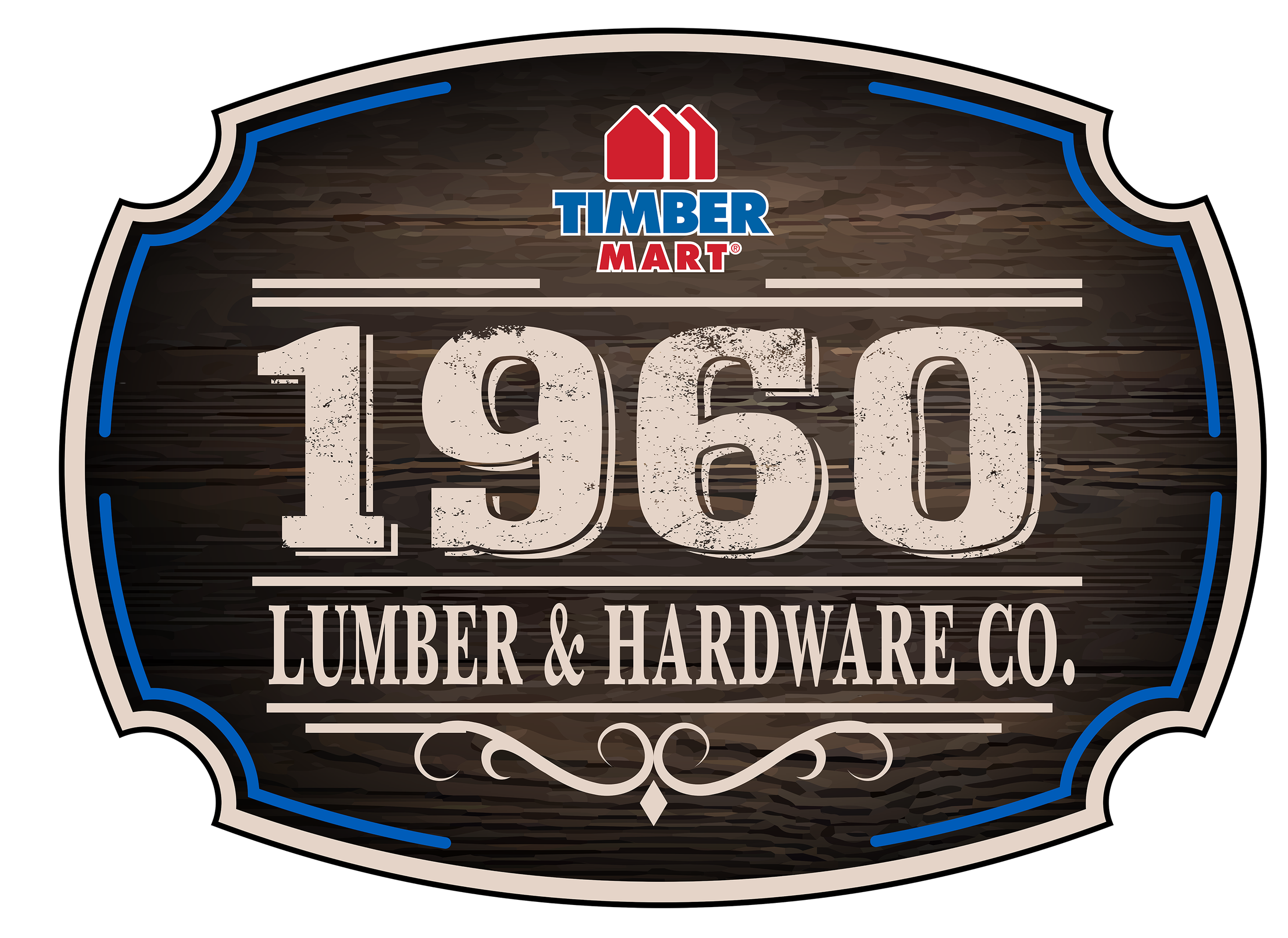 Vintage-style sign for Timber Mart featuring the date 1960 and text Lumber & Hardware Co., with a wood background, decorative borders, and the Timber Mart logo at the top.