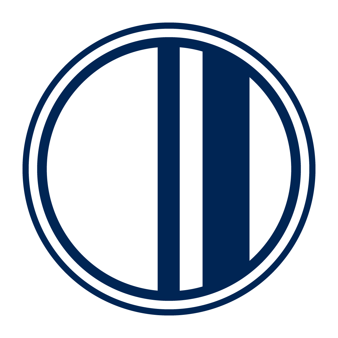 A circular logo with the letter 'D' and 'D' mirrored, in dark blue, on a black background.