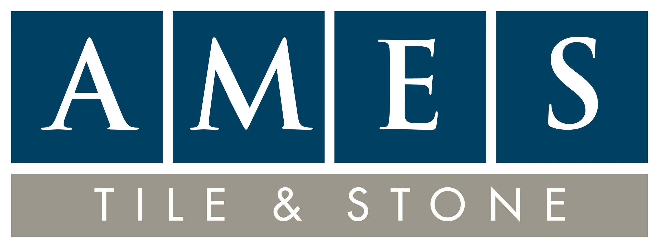 Logo for Ames Tile & Stone with the name 'AMES' in large white letters on blue background and 'TILE & STONE' in smaller white letters on gray background.