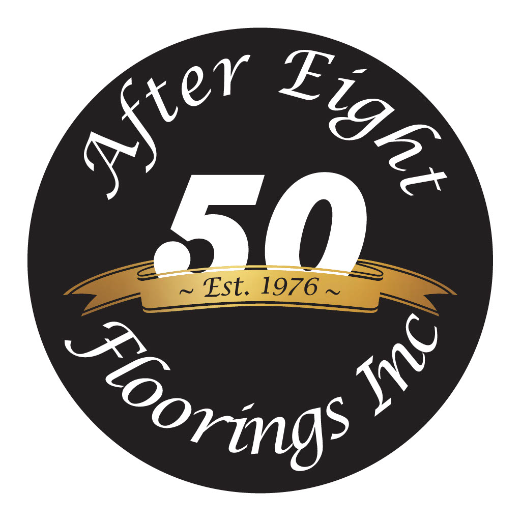 A circle logo with a black background and white text reading 'After Eight Floorings Inc.' around the edge. In the center, the number '50' with a gold banner below it that says '~ Est. 1976 ~'.