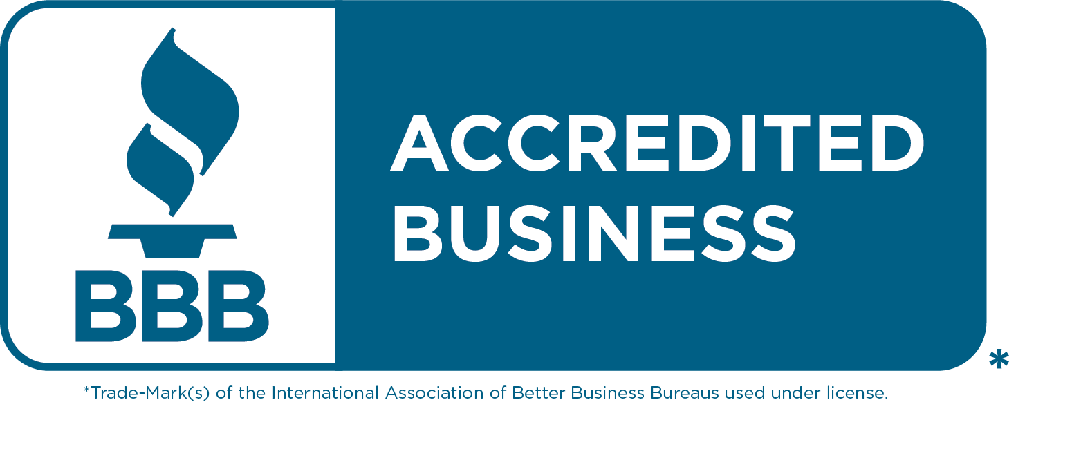 BBB Accredited Business logo with a flame symbol and text indicating accreditation status.