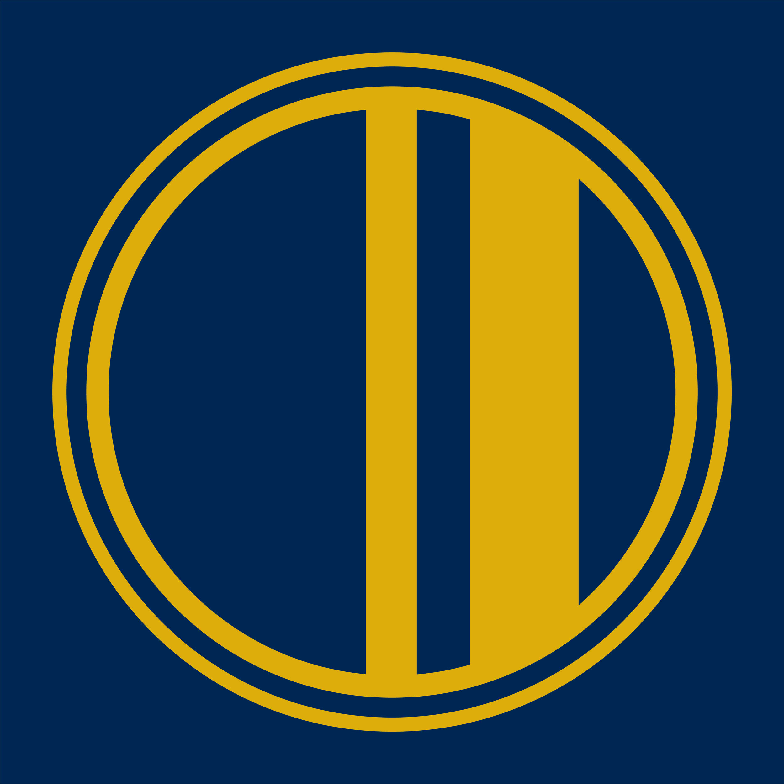 A logo with a dark blue background and a gold circular design containing stylized initials.
