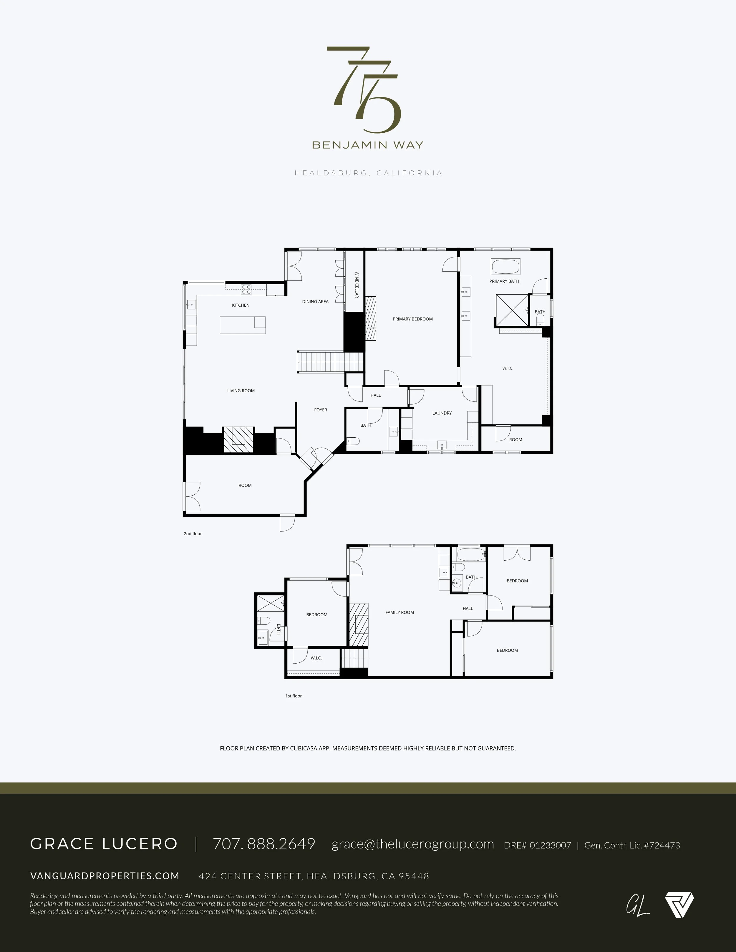 Floor plan of a house in Healdsburg, California, showing two levels with various rooms, including bedrooms, bathrooms, kitchen, living rooms, laundry, and other areas.