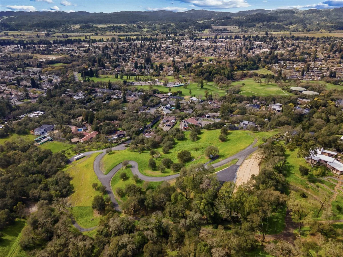 Aerial view of a suburban neighborhood with winding roads, green lawns, trees, and houses, with a cityscape and hills in the background.