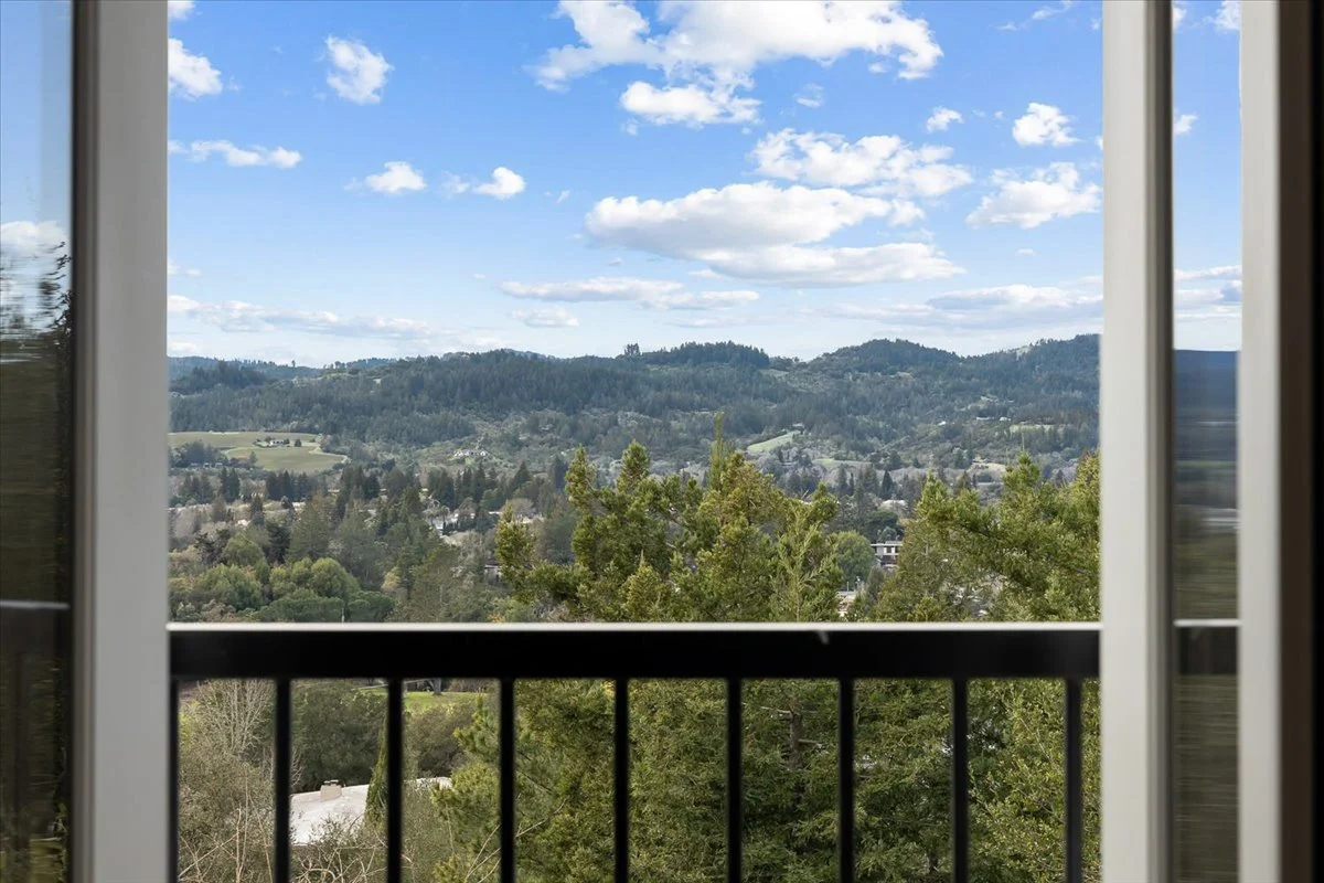 View of rolling green hills and a partly cloudy sky seen from a balcony or window with black metal railing and white framing.