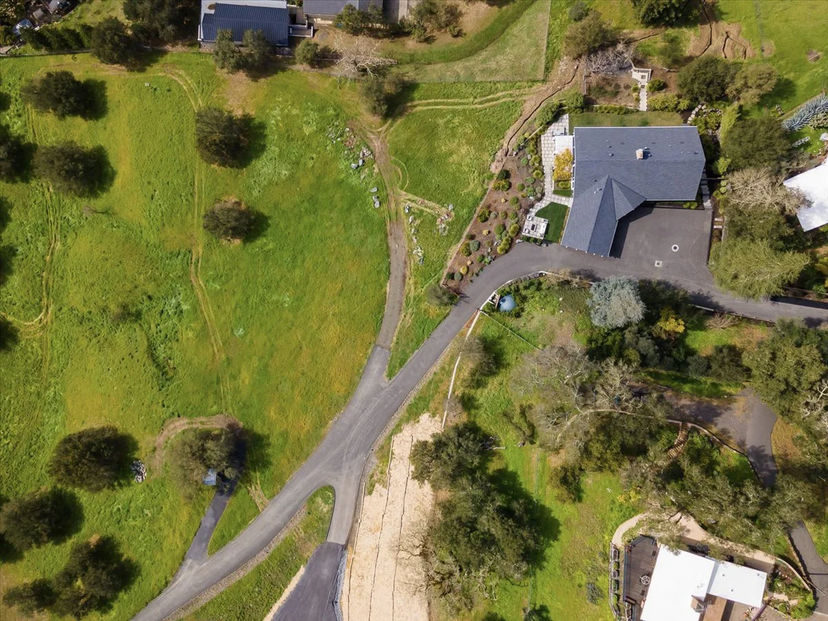 Aerial view of a residential area with a house surrounded by a driveway, trees, and green yard space.